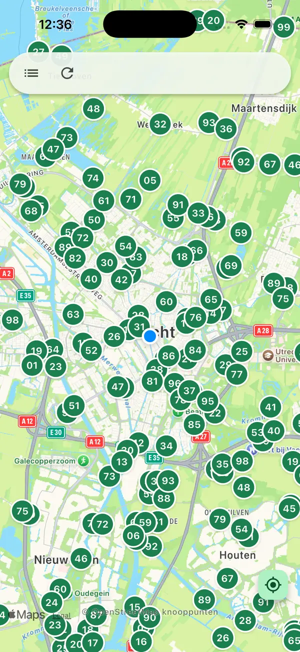 Screenshot van Fietsert: kaart van Utrecht en omgeving met de genummerde knooppunten van het fietsnetwerk